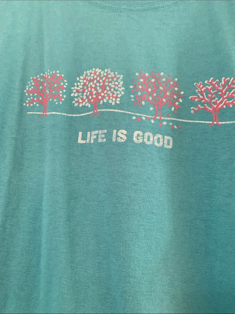 Life Is Good Women’s Teal Tee with Pink & White Tree Graphic